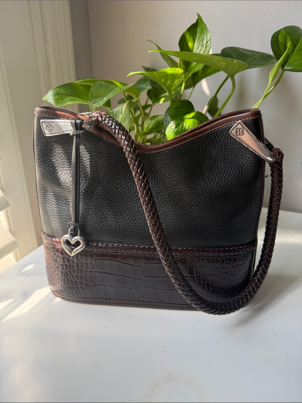 Brighton Black and Brown Braided-Handle Shoulder Bag